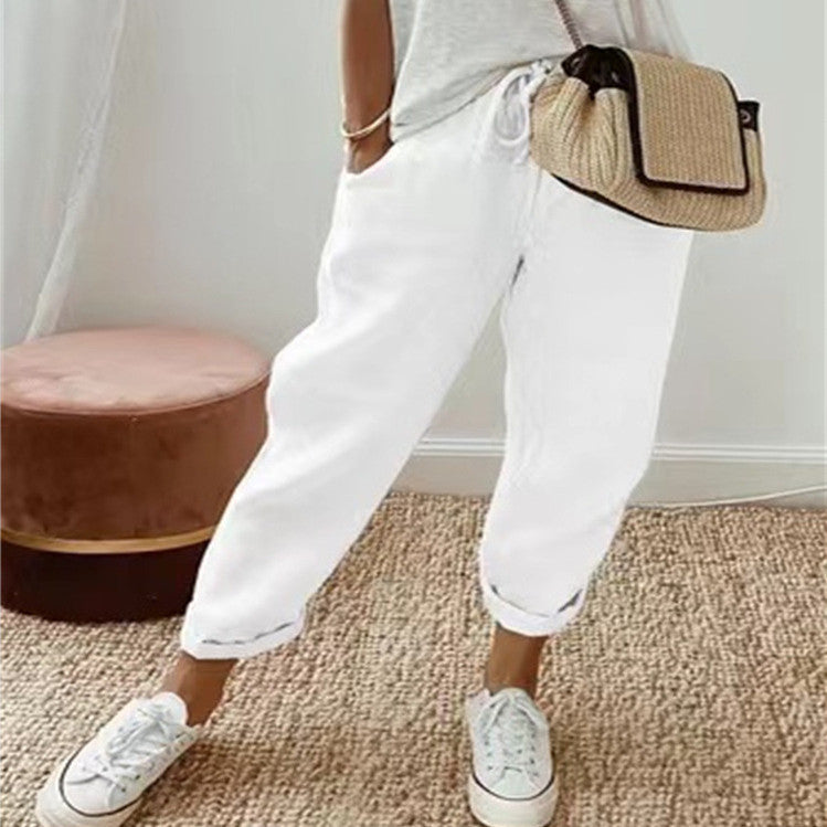 Pantalon Lin Femme Élégant Décontracté – Taille Élastique, Poches, Leg Ample Respirant Été Printemps
