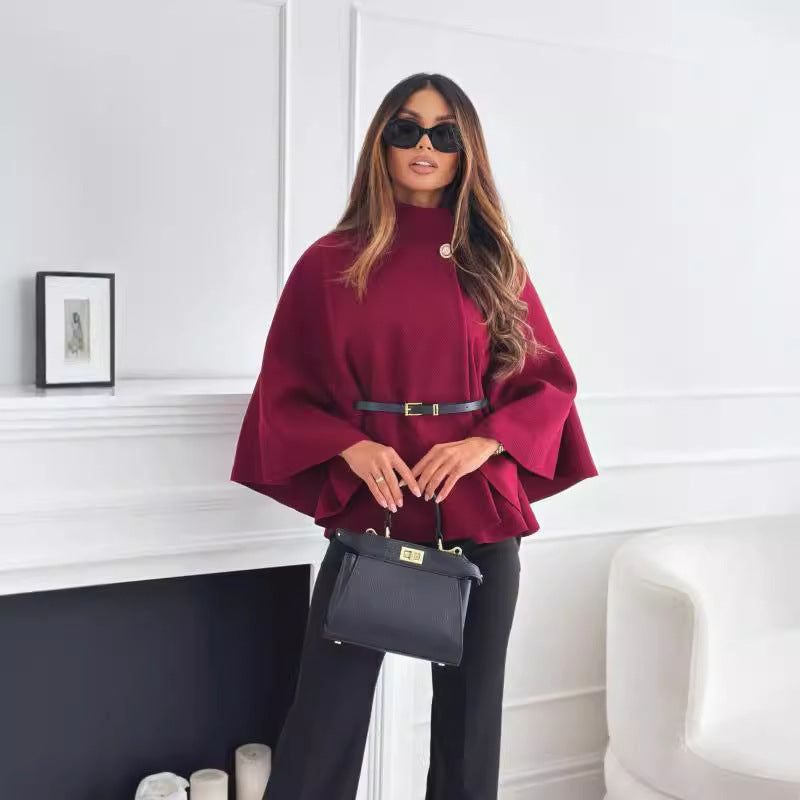 Nouveau Manteau Cape à Col Montant avec Ceinture