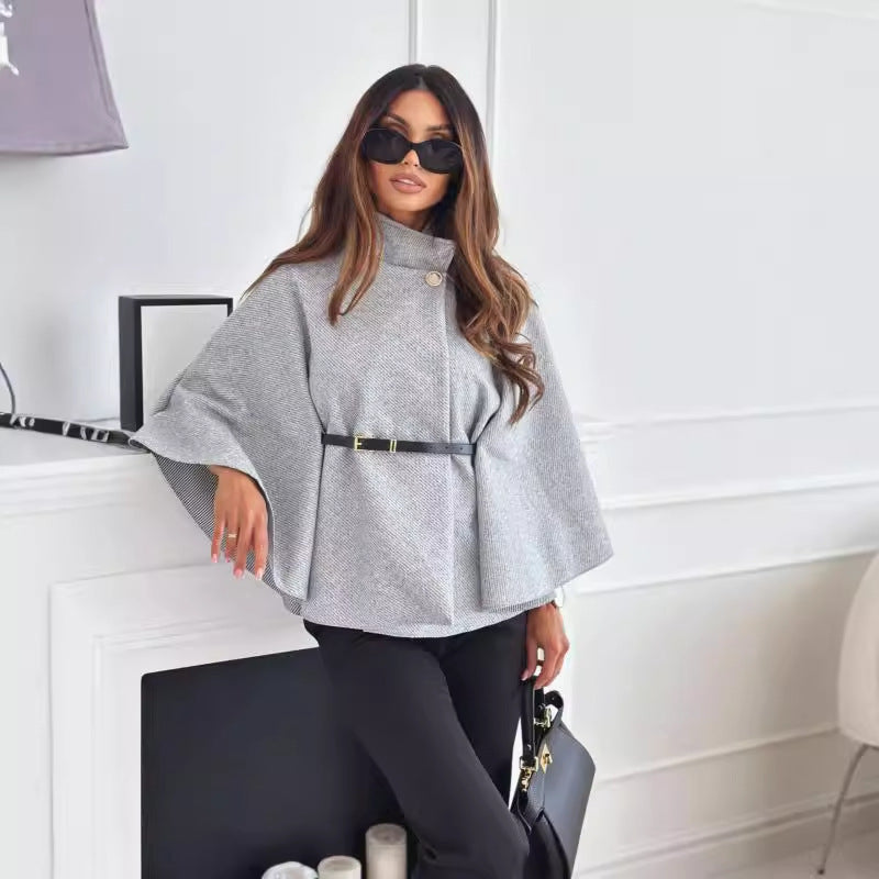 Nouveau Manteau Cape à Col Montant avec Ceinture