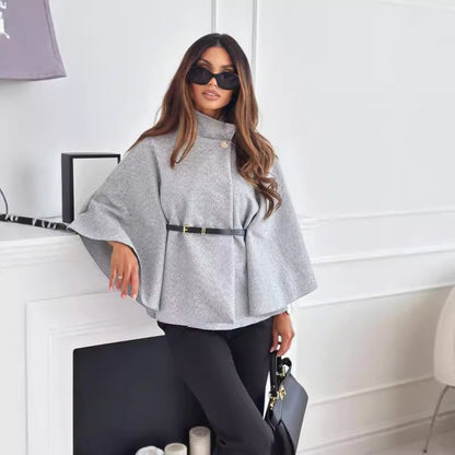 Nouveau Manteau Cape à Col Montant avec Ceinture